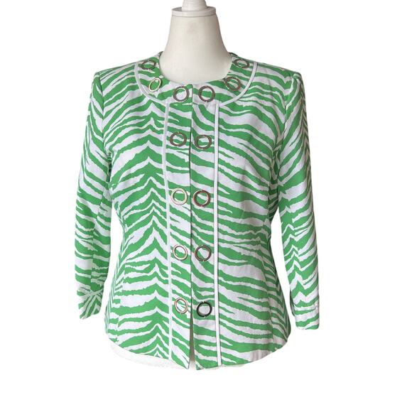 Peck & Peck Green and White Zebra Print 3/4 Sleeve Jacket Women's Size 14 Animal - Picture 2 of 11